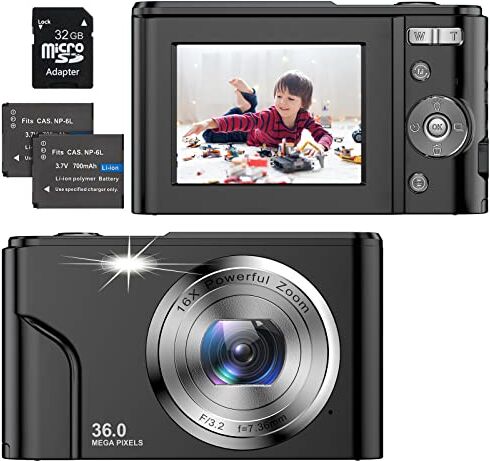 ZORNIK 1080P Fotocamere Digitali Compatte, 2,4 Pollici LCD Ricaricabile HD 36 Mega Pixel, Zoom Digitale 16x Con 32 GB Carta,Studenti per Adulti/Anziani/Bambini