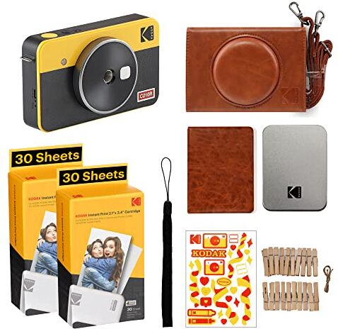 Kodak Mini Shot 2 Retro 4PASS 2-in-1, fotocamera istantanea e stampante fotografica portatile (5,3 x 8,6 cm) + pacchetto regalo con 68 fogli, colore: giallo.