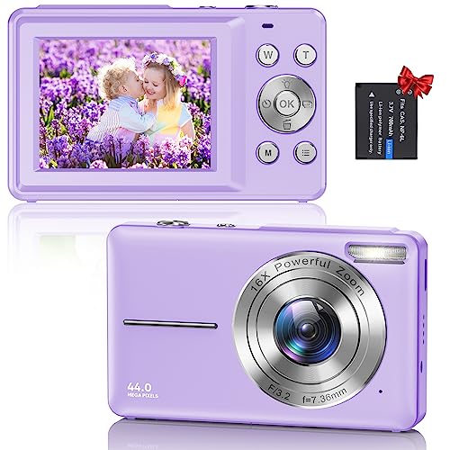 Umipyiza Macchina Fotografica Digitale Fotocamera Compatte, 44MP 1080P HD Fotocamera con Zoom Digitale 16X, 2.4" LCD Ricaricabile Macchina Fotografica per Bambini, Adulti, Principianti (Viola)