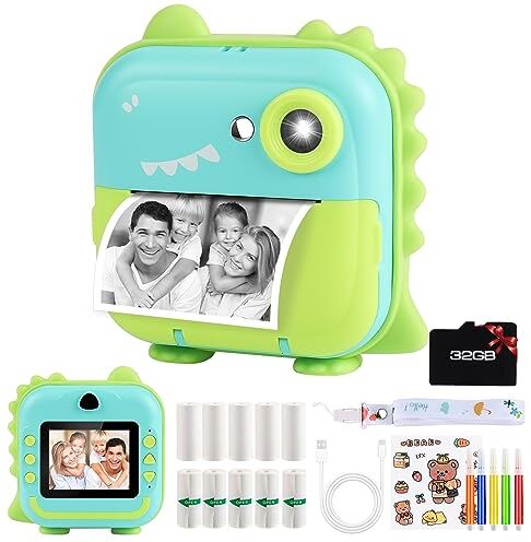 GuKKK Macchina Fotografica Istantanea, Regalo per Bambini dai 3-12 Anni, 2.4 Pollici/1080P, Fotocamera con 10 Rotoli Carta da Stampa e 32G TF Scheda