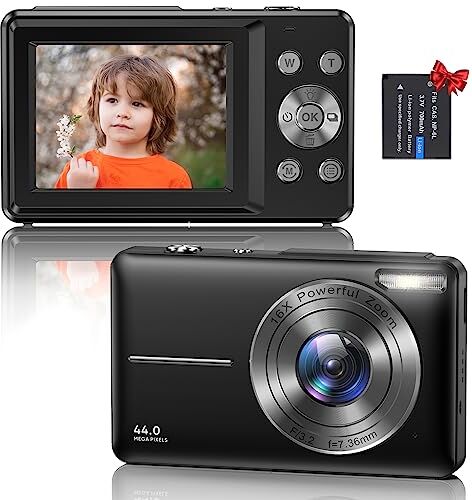 Umipyiza Macchina Fotografica Digitale Fotocamera Compatte, 44MP 1080P HD Fotocamera con Zoom Digitale 16X, 2.4" LCD Ricaricabile Macchina Fotografica per Bambini, Adulti, Principianti (Nero)