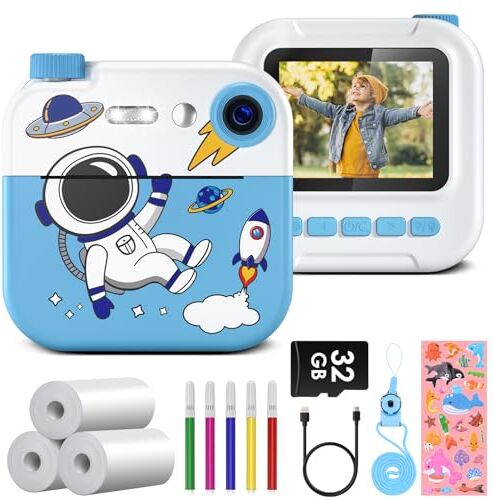 GREENKINDER Macchina Fotografica Bambini Istantanea, 2,4 pollici 1080P Fotocamera Istantanea Bambini, Fotocamera Digitale con 32G Scheda, 5 Penne Colorate, Giocattoli da Regalo per Bambini 3-12 Anni