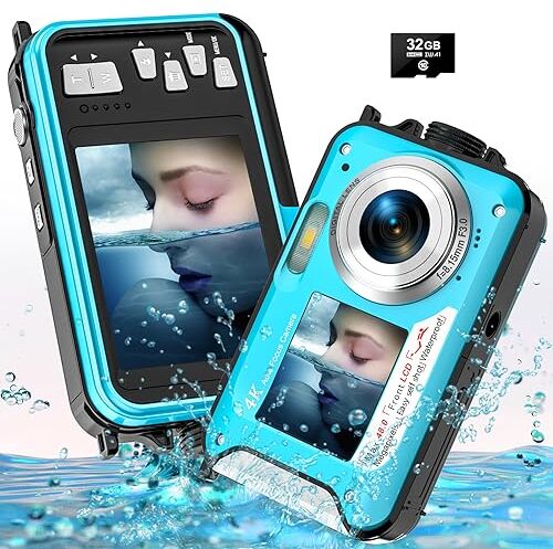 YISENCE fotocamera digitale subacquea UHD 4K 48MP autofocus fotocamera digitale impermeabile con scheda 32 GB selfie doppio schermo fotocamera impermeabile per snorkeling