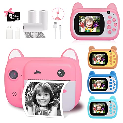 TOYOGO Fotocamera istantanea per bambini per selfie, con 3 rotoli di carta di stampa, 1000 mAh, doppia lente, videoregistratore HD 1080p per ragazzi regali giocattoli (rosa)