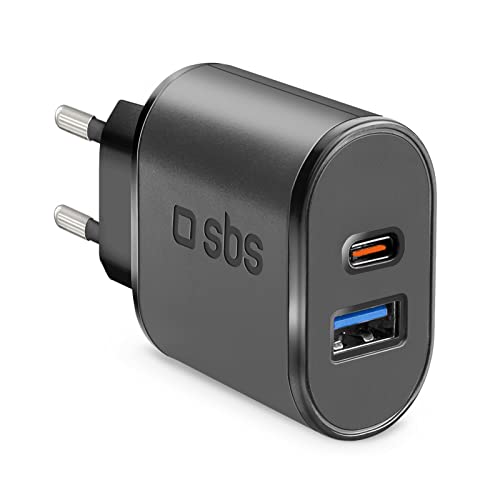 SBS Caricabatterie fast charge, uscite USB da 2.1A e USB-C da 3A, ricarica rapida per smartphone iPhone/Samsung/Xiaomi/Oppo/Huawei, presa europea