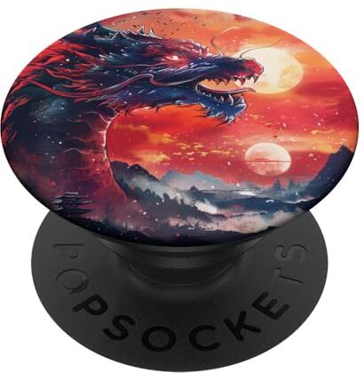 Dragon Mitico drago nero rosso con montagne al tramonto arte asiatica PopSockets PopGrip Intercambiabile