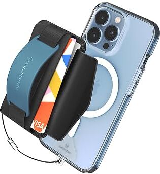 Sinjimoru [2022 Updated] iPhone 14 Magnetic Phone Wallet for MagSafe, iPhone Card Holder with Cell Phone Kickstand & Phone Grip Strap for iPhone 12 13 & iPhone 14 Series. M-BGrip Blue