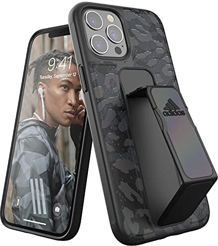 adidas Custodia progettata per iPhone 12 Pro Max, 6,7 pollici, cinturino da polso, custodia testata contro cadute, bordi rialzati antiurto, custodia protettiva leopardata, colore grigio/nero