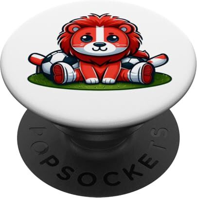 YO! Simpatico cartone animato leone con palloni da calcio e bianco rosso Facepaint PopSockets PopGrip Intercambiabile