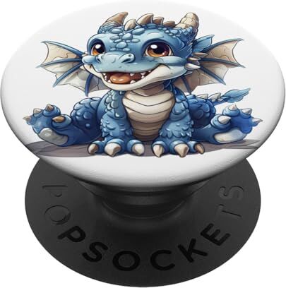 Dragon carino anime blu bambino drago seduto e sorridente fantasia arte PopSockets PopGrip Intercambiabile