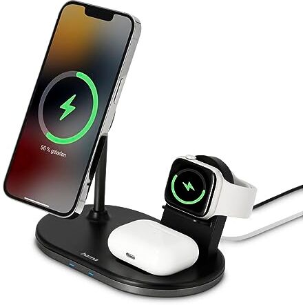 Hama MagCharge Caricabatterie wireless per Apple iPhone, Apple AirPod, Apple Watch (3 in 1 con Quick Charge 15 W, caricatore magnetico senza fili per Apple MagSafe e  MagLine)