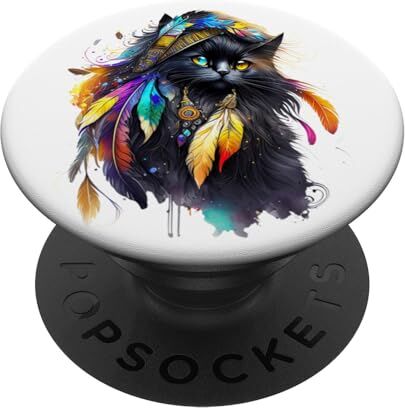 Unique Gatto indiano e piume nativi americani arte tribale amante dei gatti PopSockets PopGrip Intercambiabile