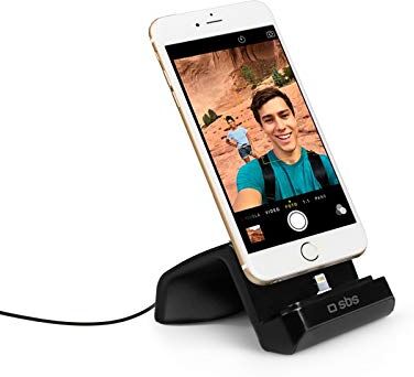 SBS Supporto da Tavolo Portatile con Connettore Lightning per Ricarica iPhone 13/iPhone 12/iPhone 11, Funzione Leggio, Cavo Incluso, Nero