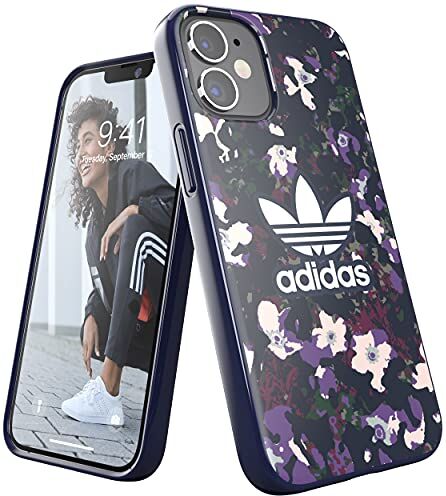 adidas Custodia progettata per iPhone 12 Mini 5.4, custodia testata contro cadute, bordi rialzati antiurto, custodia protettiva originale a scatto per fiori, viola/blu marino