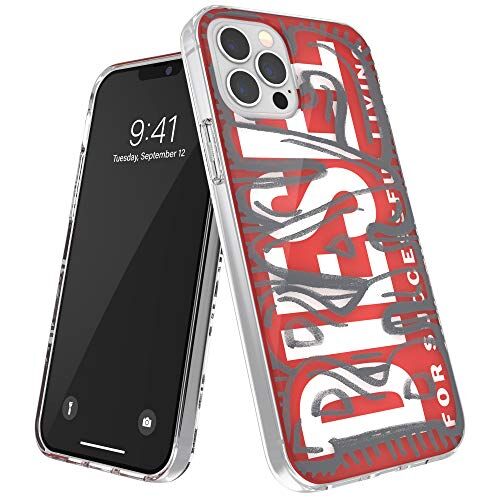 Diesel Custodia protettiva a scatto per iPhone 12 / iPhone 12 Pro 6.1, trasparente, antiurto, testata contro la caduta, con bordi rialzati, colore: rosso/grigio