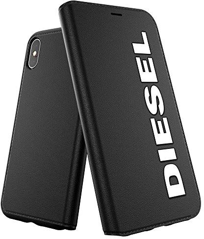 Diesel Custodia per iPhone X/iPhone XS Custodia a libro con tasca interna, antiurto, con bordo rialzato, colore: Nero/Bianco