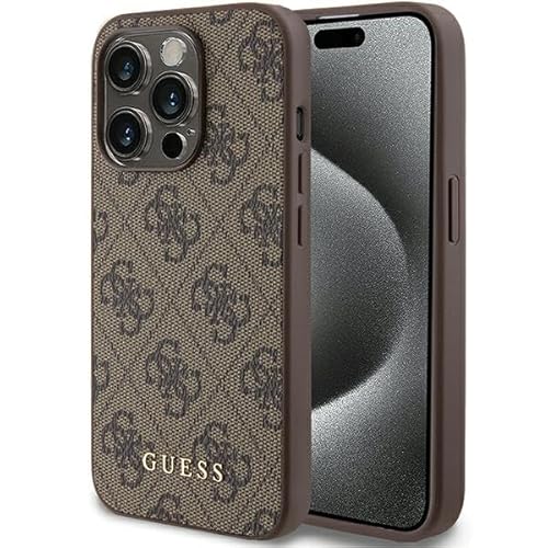 GUESS Custodia  GUHCP15LG4GFBR per iPhone 15 Pro 6.1" custodia rigida marrone 4G logo in metallo dorato