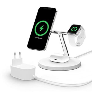 Belkin BoostCharge Pro Caricabatteria wireless 3 in 1 con MagSafe per iPhone 15, iPhone 13, iPhone 12 + Apple Watch + AirPods (Ricarica magnetica fino a 15 W per modelli di iPhone 14)
