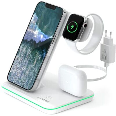 Canyon Caricatore Wireless 3 in 1 Base Ricarica iPhone Apple Watch Airpods Stazione Ricarica Apple compatibile con Dispositivi Qi Adattatore 18W, Controllo Touch con Retroilluminazione Bianca Canyon Caricatore Wireless 3 in 1 Base Ricarica iPhone Apple Watch Airpods Stazione Ricarica Apple compatibile con Dispositivi Qi Adattatore 18W, Controllo Touch con Retroilluminazione Bianca