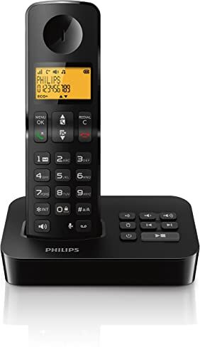 Philips Telefono Cordless D2651B/01 Singolo Telefono Fisso con Segreteria Telefonica Rubrica Telefonica Riconoscimento Numeri Tasti di Selezione Rapida Ampio Raggio d'Azione Nero