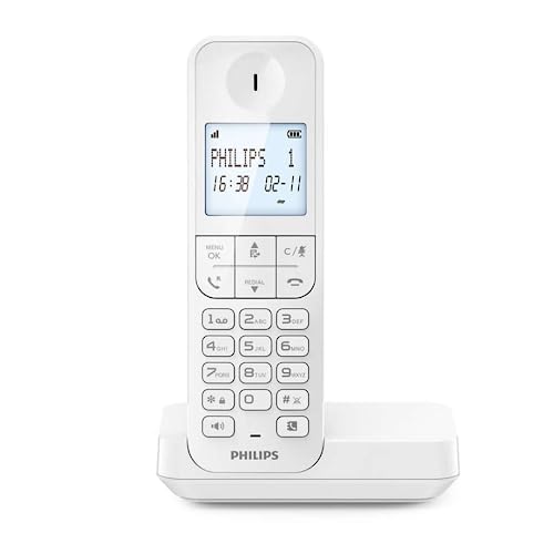 Philips DECT D2701W Telefono Fisso Cordless, Display Retroilluminato da 4,6", Microfono verticale, Chiamate in Vivavoce, Fino a 14 ore, Antenna Ottimizzata, Impostazioni Sulla Privacy Bianco