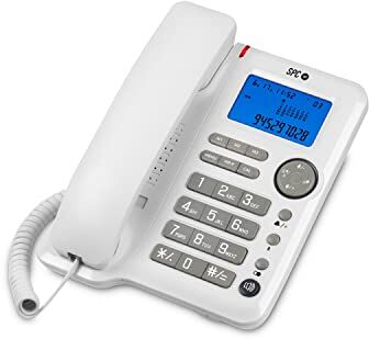 SPC Office ID – Telefono fisso da tavolo o da parete con display illuminato alimentato a batteria, 3 memorie dirette, 3 livelli di suoneria, ID chiamante e vivavoce – Bianco