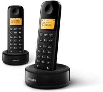 Philips DECT D1602B -Telefono Fisso Cordless 2-Pack (Display da 4,1 cm, Feedback, Vivavoce, ID Chiamante, Equalizzatore Parametrico, Plug & Play, Eco+) Nero (Compatibile: ES, IT, FR)