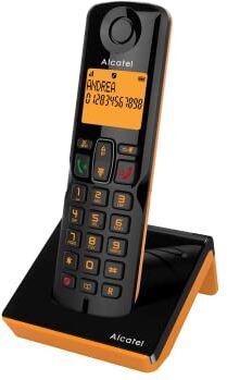 Alcatel S280 NERO/ARANCIONE Telefono Cordless DECT : Design Compatto, Colori Accattivanti, Ampio Display Retroilluminato, Funzione Vivavoce, Blocco delle Chiamate Indesiderate