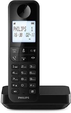 Philips DECT D2701B Telefono Fisso Cordless, Display Retroilluminato da 4,6", Microfono verticale, Chiamate in Vivavoce, Fino a 14 ore, Antenna Ottimizzata, Impostazioni Sulla Privacy Nero