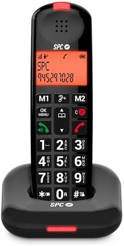 SPC Comfort Kairo Telefono cordless anziani con tasti grandi, suono extra amplificato, compatibile con apparecchi acustici, funzione blocco chiamata, segnale luminoso, 2 memorie dirette – Nero