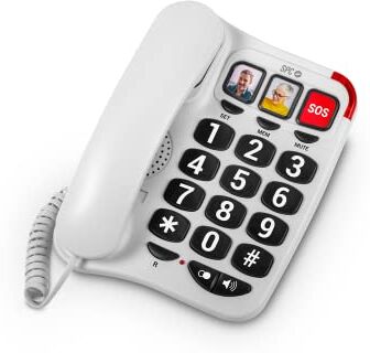 SPC Comfort Numbers 2 – Telefono fisso per anziani con tasti grandi, 3 memorie dirette con foto, volume molto alto, compatibile con apparecchi acustici, segnale luminoso, da tavolo o da parete