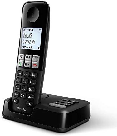 Philips D2551B / 01- Telefono cordless DECT con 1 ricevitore con segreteria telefonica, 50 nomi/numeri e ID chiamante Nero