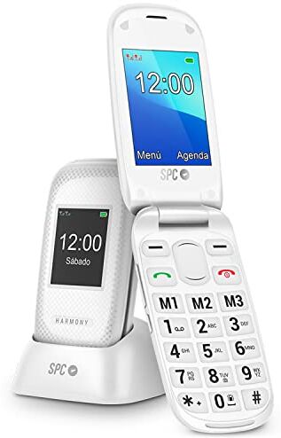 SPC Harmony Telefono cellulare con chiusura per anziani con numeri e lettere grandi, pulsante SOS, 3 memorie dirette, base di caricamento, Bianco