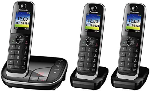 Panasonic KX-TGJ323EB Telefono cordless senza fili per la casa, con blocco chiamate e display LCD a colori, tre unità, colore: Nero