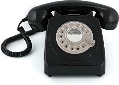 GPO 746 Rotary Telefono Fisso Retro anni ‘70, Telefono Classico con Interruttore per Suoneria, Cavo Arricciato, Suoneria a Campanello Originale, per Casa e Hotel, Nero