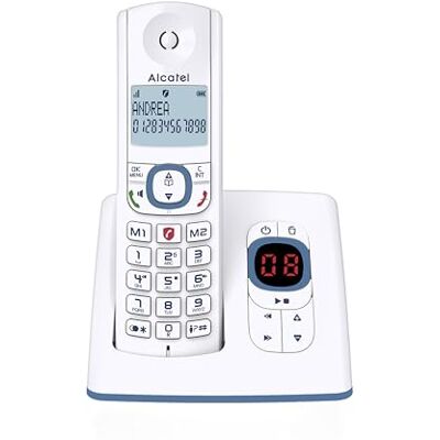 Alcatel F530 Voice Telefono fisso cordless DECT con segreteria Grande display retroilluminato Vivavoce Funzione blocco chiamate 2 tasti di memoria diretta Bianco/Blu Alcatel F530 Voice Telefono fisso cordless DECT con segreteria Grande display retroilluminato Vivavoce Funzione blocco chiamate 2 tasti di memoria diretta Bianco/Blu