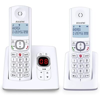 Alcatel F530 Voice Duo Telefono fisso cordless DECT con segreteria Grande display retroilluminato Vivavoce Funzione blocco chiamate 2 tasti di memoria diretta 2 portatili Bianco/Grigio Alcatel F530 Voice Duo Telefono fisso cordless DECT con segreteria Grande display retroilluminato Vivavoce Funzione blocco chiamate 2 tasti di memoria diretta 2 portatili Bianco/Grigio