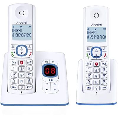 Alcatel F530 Voice Duo Telefono fisso cordless DECT con segreteria Grande display retroilluminato Vivavoce Funzione blocco chiamate 2 tasti di memoria diretta 2 portatili Bianco/Blu Alcatel F530 Voice Duo Telefono fisso cordless DECT con segreteria Grande display retroilluminato Vivavoce Funzione blocco chiamate 2 tasti di memoria diretta 2 portatili Bianco/Blu