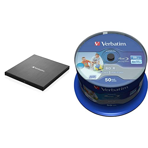 Verbatim 43890 Masterizzatore Blu-ray esterno Slimline, Porta USB 3.2, Blu-ray Player Masterizzatore, Nero & BD-R Blu Ray 25GB PRINTABLE stampabili 50 pezzi