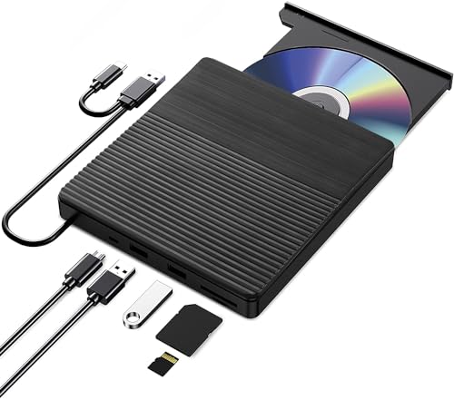 Cunsieun Masterizzatore ottico esterno multifunzione 5 in 1 per laptop, masterizzatore ottico esterno, masterizzatore CD DVD, USB di tipo C 3.0, masterizzatore CD portatile con slot SD, per Windows, Mac OS