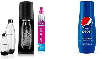 sodastream Terra Megapack, Gasatore D’Acqua Per Trasformare L’Acqua In Acqua Frizzante, 28,8 X 19.5 X 43.6, Nero & Concentrato per Preparazione di Bevande Dissetanti Gassate al Gusto Pepsi, 440 ml