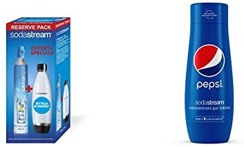 sodastream Cilindro Ricarica Gas CO2 in Licenza d’Uso per Gasatore + Bottiglia in PET Fuse da 1 Litro per Gasatore & Concentrato per Preparazione di Bevande Dissetanti Gassate al Gusto Pepsi, 440 ml