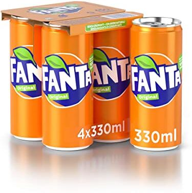 Fanta Original Gusto di Arancia – 4 Lattine da 330 ml, con Succo di Arance Italiane, Senza Aggiunta di Conservanti, Lattina 100% riciclabile, Gusto Rinfrescante, Bevanda Analcolica Frizzante