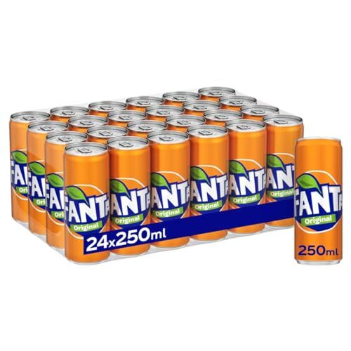 Fanta Original Gusto di Arancia – 24 Lattine da 250 ml, con Succo di Arance Italiane, Senza Aggiunta di Conservanti, Lattina 100% riciclabile, Gusto Rinfrescante, Bevanda Analcolica Frizzante