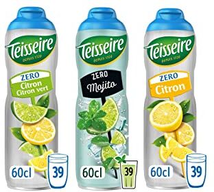 Teisseire Set di 3 sciroppi  Zero Zuccheri (Limone Verde, Mojito, Limone) per Bevande Rinfrescanti, Cocktail, Bidone Riciclabile, 3 x 60 cl