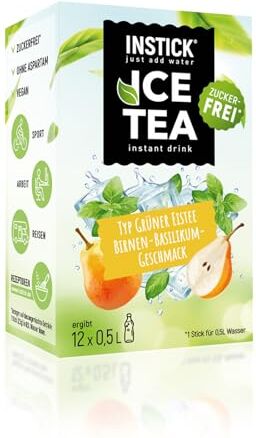 INSTICK just add water INSTICK Ice Tea senza zucchero (Tè Freddo Pera e Basilico) 1 confezione per 12 x 0,5-1 L Bevanda istantanea senza zucchero Polvere per bevande vegane a basso contenuto calorico e vitamina C