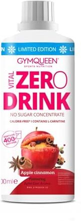 GymQueen Zero Drink Mela e cannella 1000ml, Bevanda concentrata 1:80, arricchita con vitamine del gruppo B per il metabolismo e L-carnitina, sciroppo da bere con poche calorie