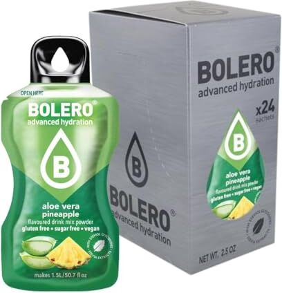 Bolero ALOE VERA PINEAPPLE 24 x 3 g, succo in polvere senza zucchero, addolcito con stevia + vitamina C, adatto per bambini, diabetici, senza glutine e vegano, il gusto delle bacche miste