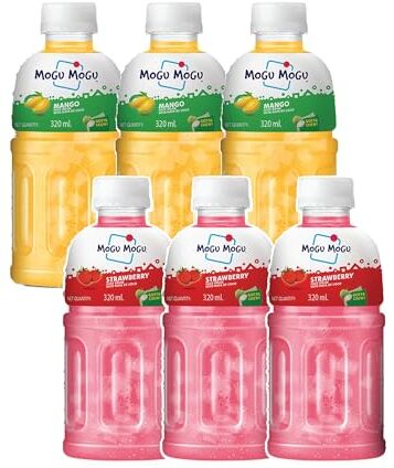 Mogu Mogu Succo di fragola e mango 25% con NATA De Coco, bevanda potenziante energetica, ricca di fibre di frutta, senza conservanti aggiunti e colori, confezione da 6, 320 ml ciascuna)