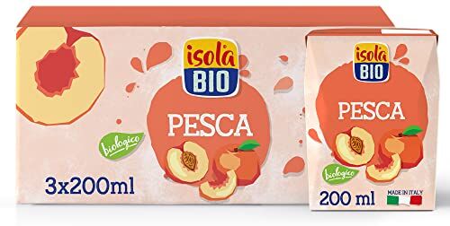 Isola Bio Succo di Frutta Biologico Pesca, 100% Ingredienti Naturali, Frutta Italiana in Mini Brik per Colazione e Merenda, Formato 3 confezioni da 200 ml